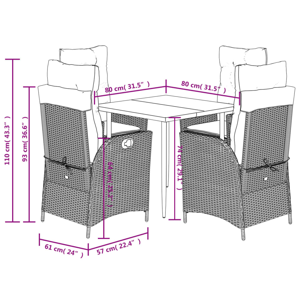 vidaXL 5-tlg. Garten-Essgruppe mit Kissen Schwarz Poly Rattan