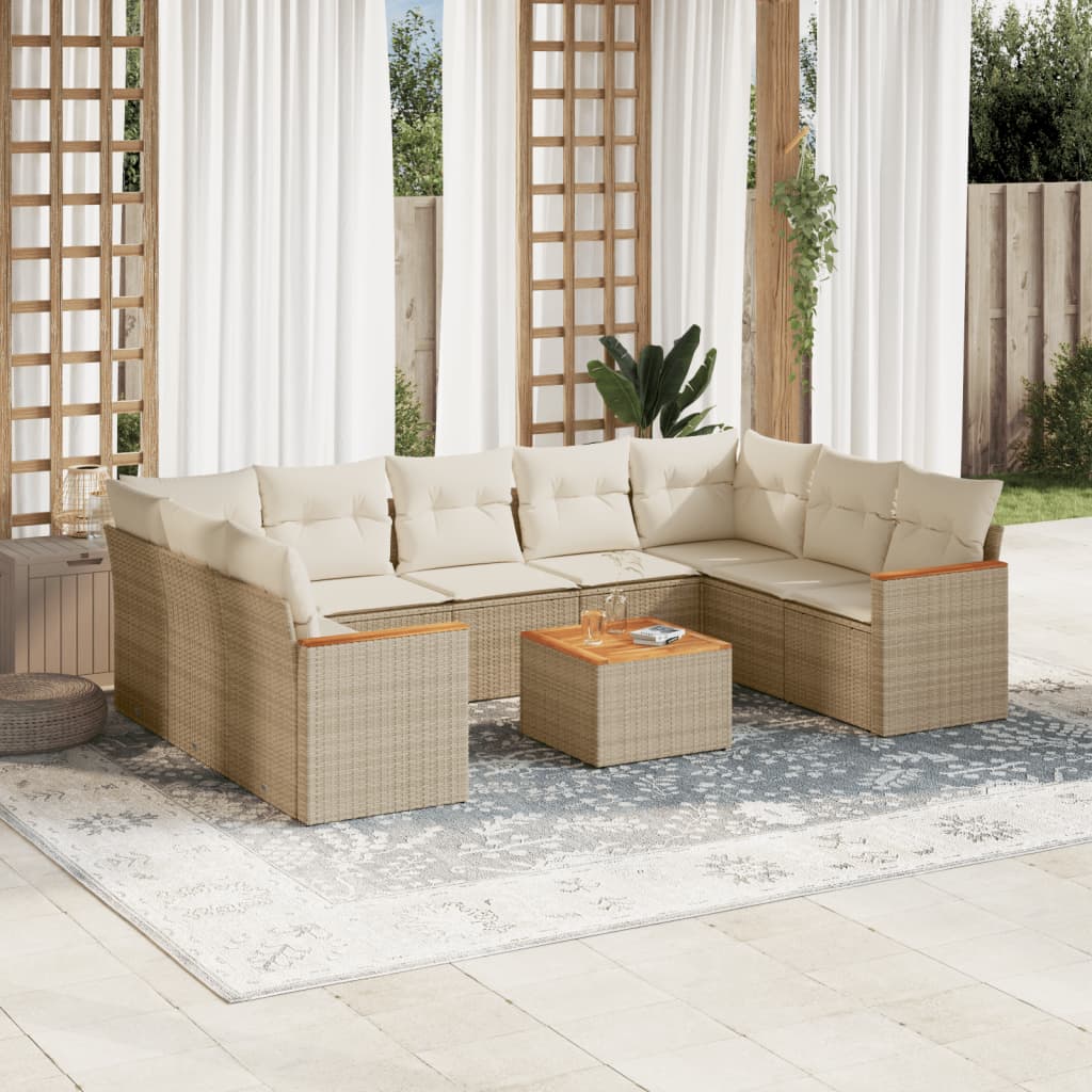 vidaXL 10-tlg. Garten-Sofagarnitur mit Kissen Beige Poly Rattan