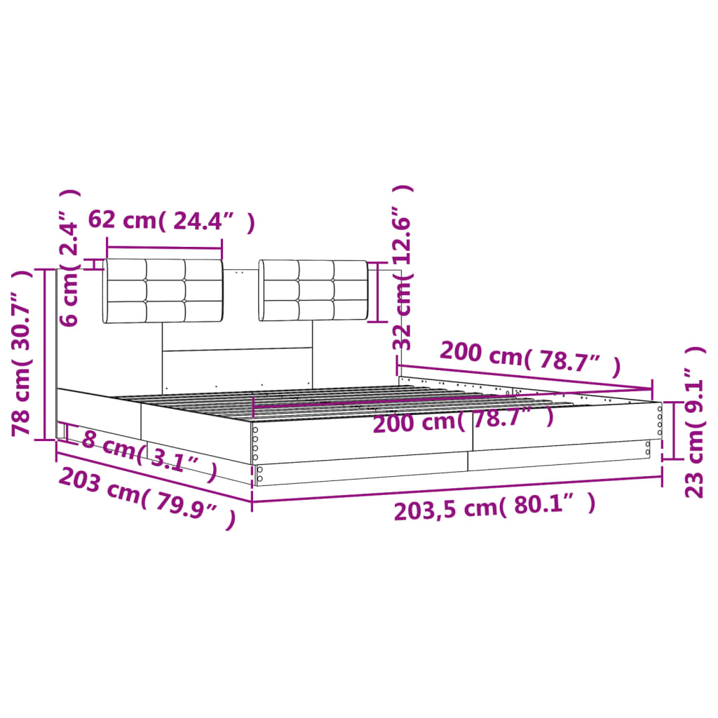 vidaXL Bettgestell mit Kopfteil und LED-Leuchten Braun Eiche 200x200cm