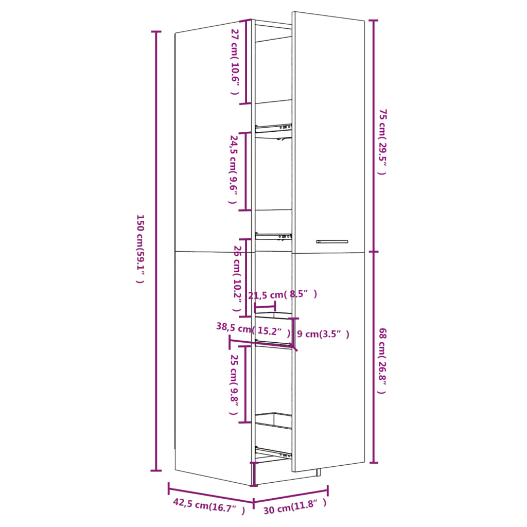 vidaXL Apothekerschrank Hochglanz-Weiß 30x42,5x150 cm Holzwerkstoff