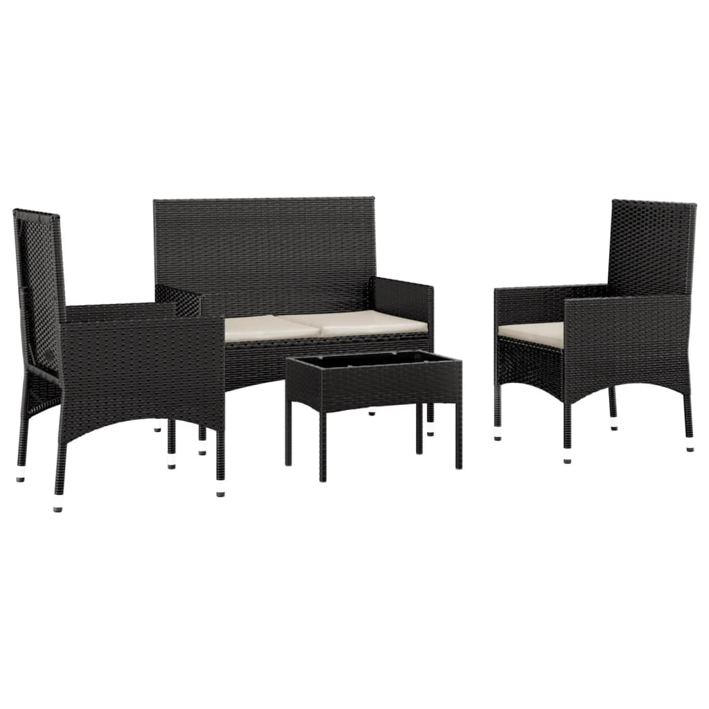 vidaXL 4-tlg. Garten-Lounge-Set mit Kissen Schwarz Poly Rattan