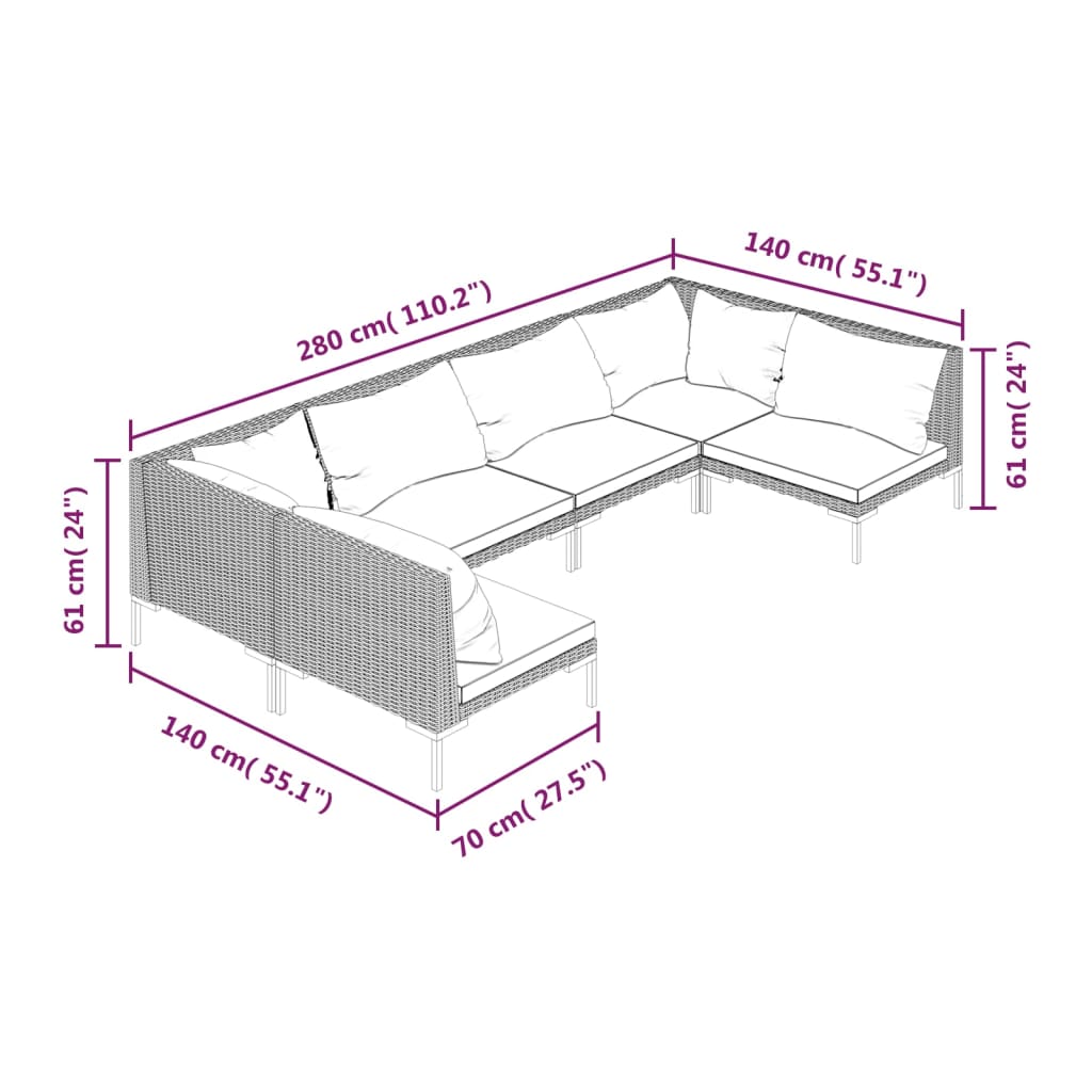 vidaXL 6-tlg. Garten-Lounge-Set mit Kissen Poly Rattan Dunkelgrau