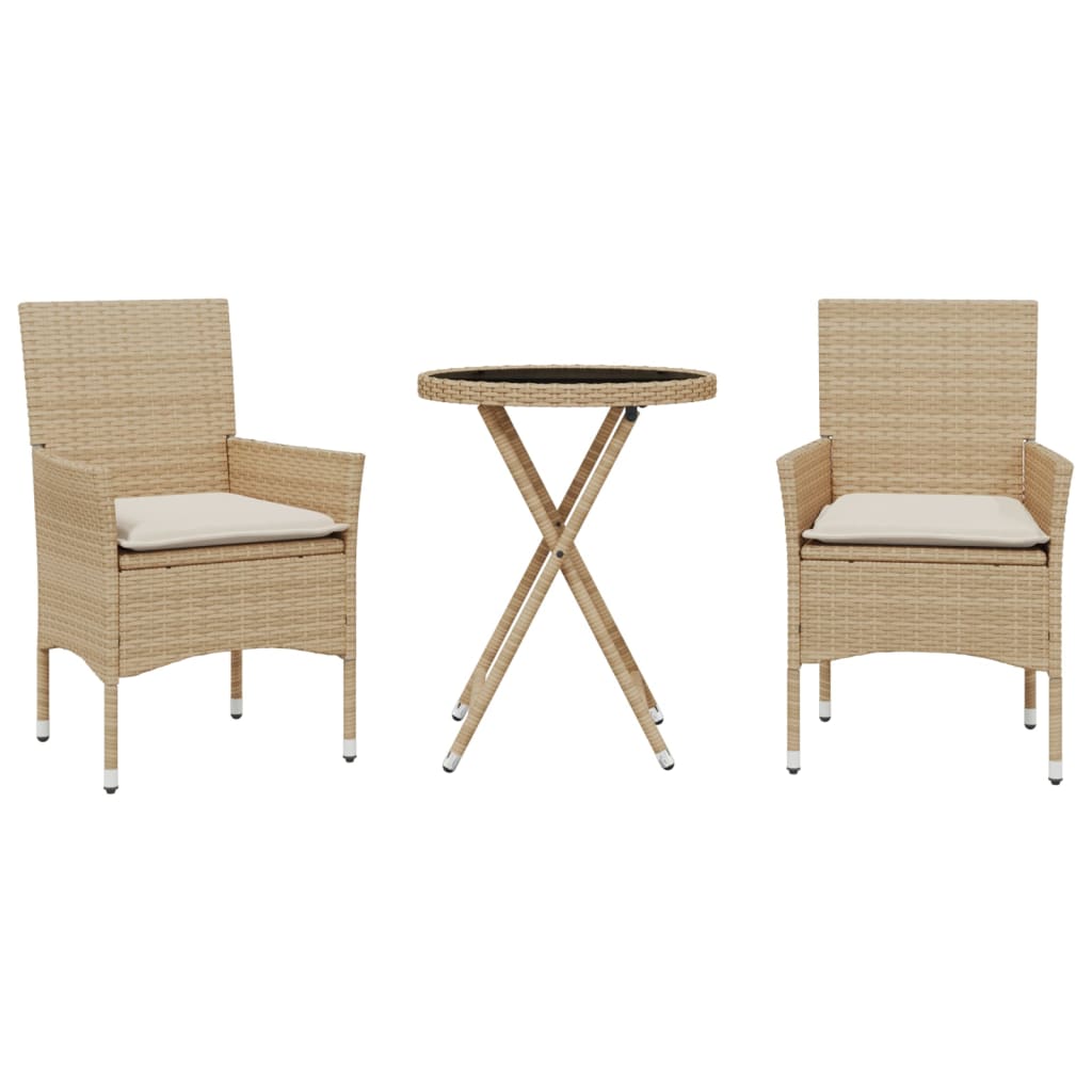 vidaXL 3-tlg. Bistro-Set mit Kissen Beige Poly Rattan und Glas