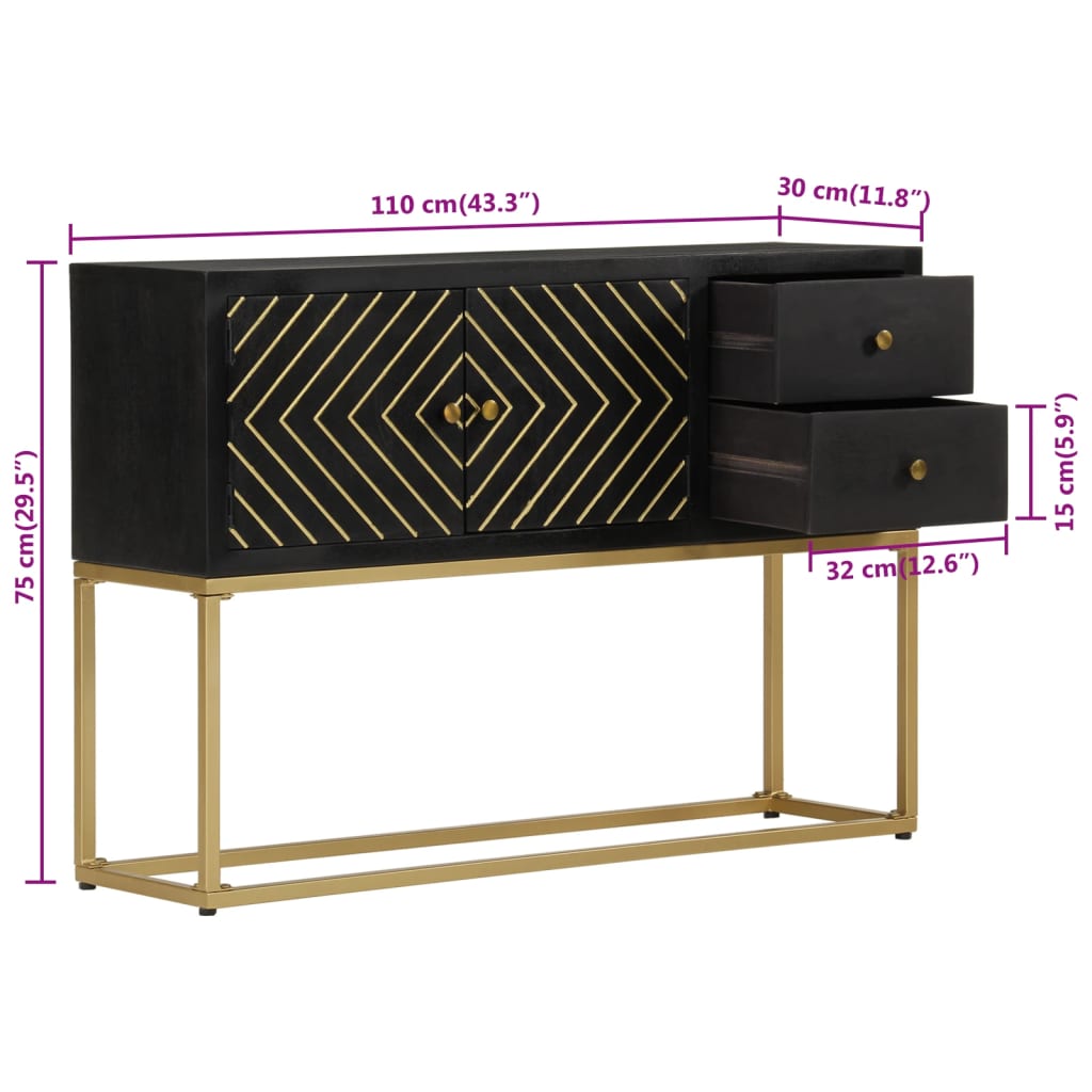 vidaXL Sideboard Schwarz und Golden 110x30x75 cm Massivholz Mango