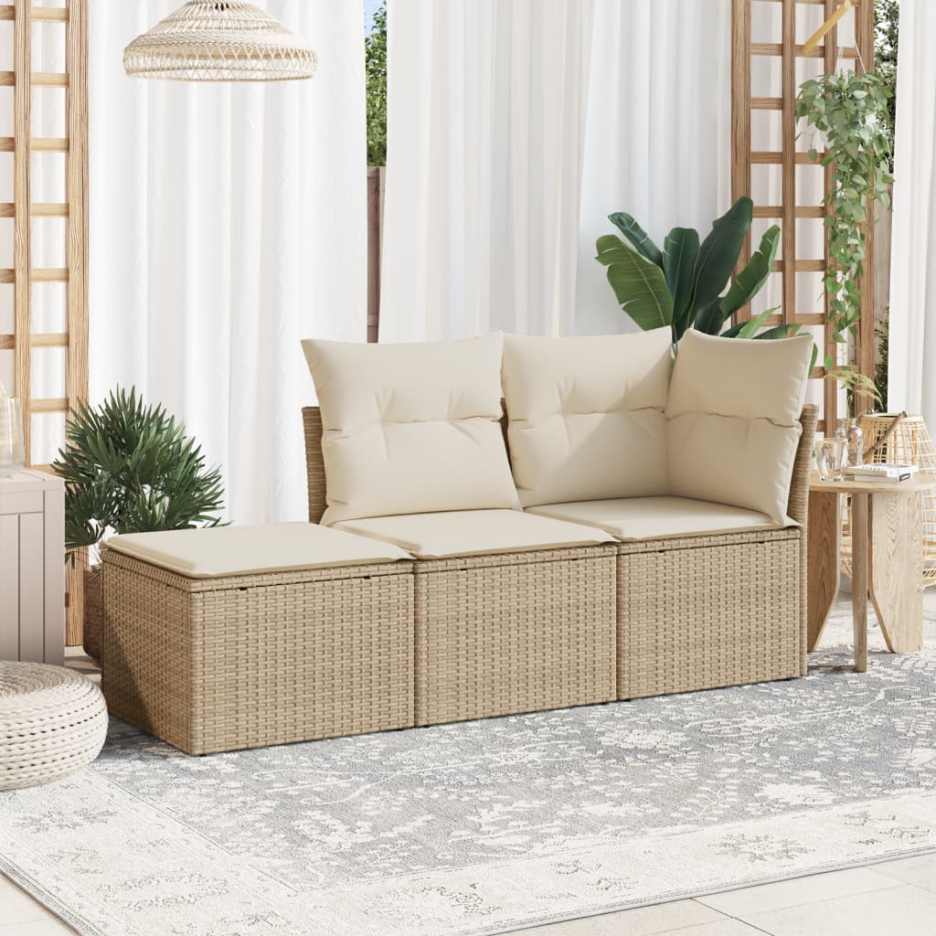 vidaXL 3-tlg. Garten-Sofagarnitur mit Kissen Beige Poly Rattan