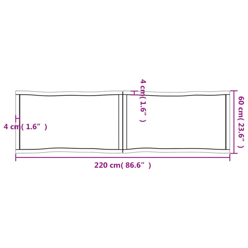 vidaXL Tischplatte 220x60x(2-6) cm Massivholz Behandelt Baumkante