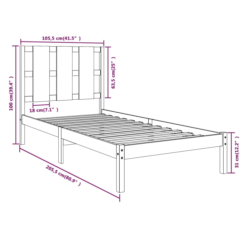 vidaXL Massivholzbett Schwarz Kiefer 100x200 cm