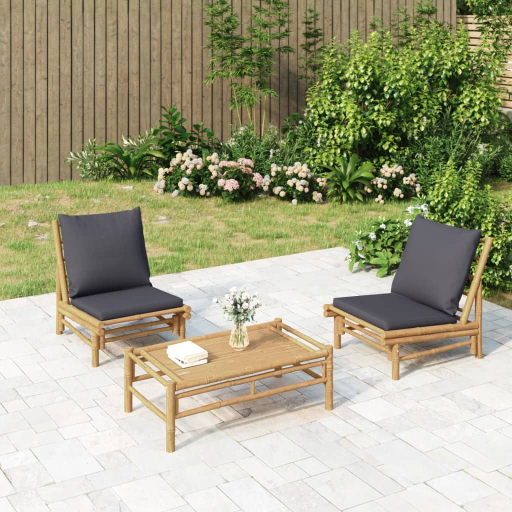 vidaXL 3-tlg. Garten-Lounge-Set mit Dunkelgrauen Kissen Bambus