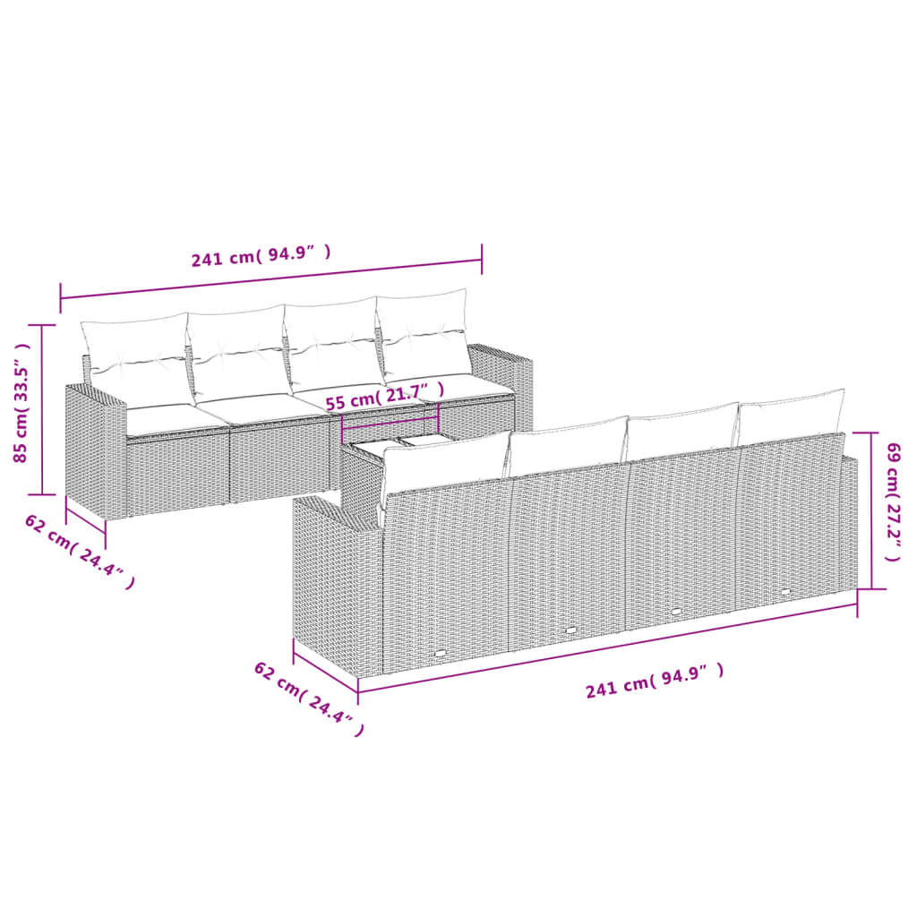 vidaXL 9-tlg. Garten-Sofagarnitur mit Kissen Schwarz Poly Rattan