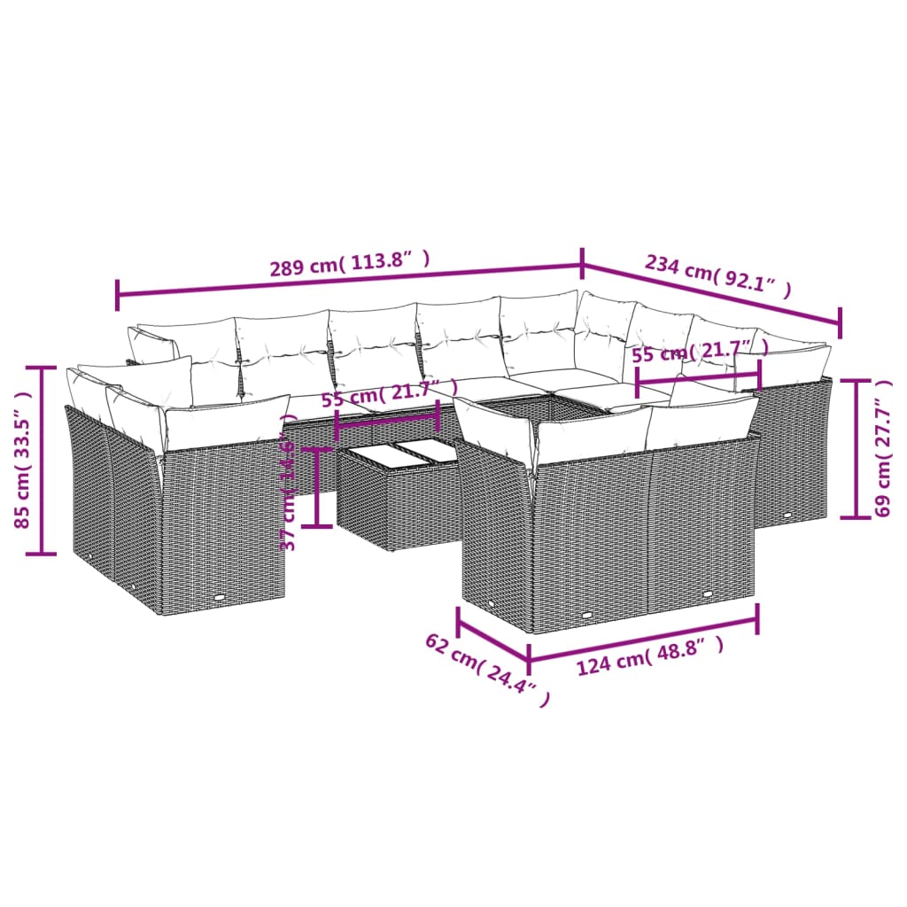 vidaXL 13-tlg. Garten-Sofagarnitur mit Kissen Schwarz Poly Rattan