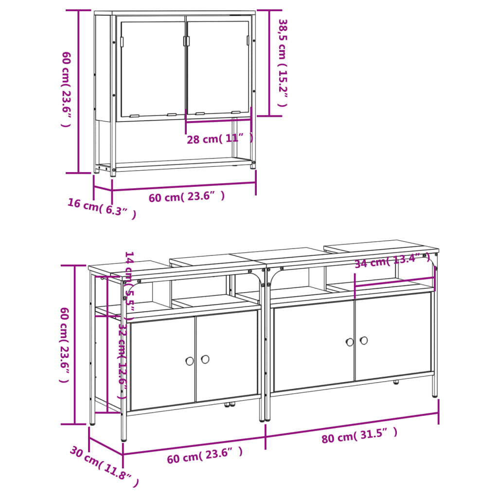 vidaXL 3-tlg. Badmöbel-Set Räuchereiche Holzwerkstoff