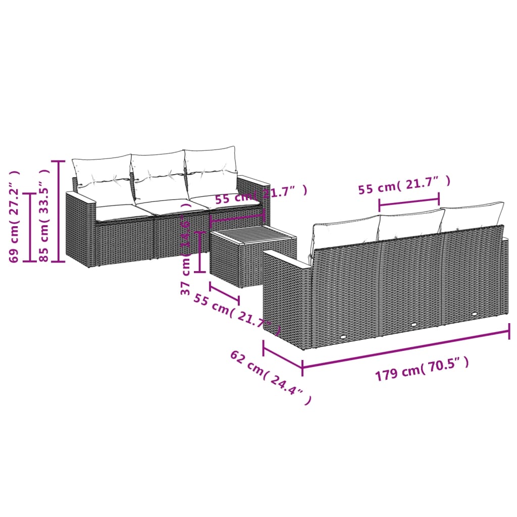 vidaXL 7-tlg. Garten-Sofagarnitur mit Kissen Beige Poly Rattan