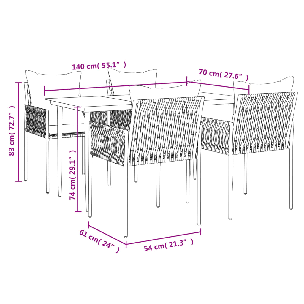 vidaXL 5-tlg. Garten-Essgruppe mit Kissen Poly Rattan und Stahl