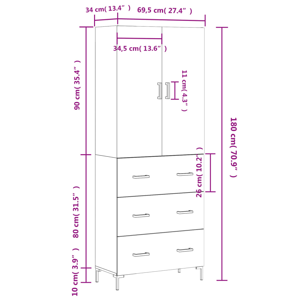 vidaXL Highboard Braun Eichen-Optik 69,5x34x180 cm Holzwerkstoff