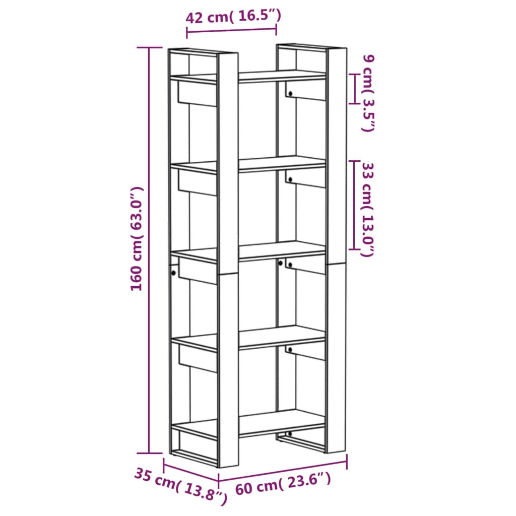 vidaXL Bücherregal/Raumteiler Schwarz 60x35x160 cm Massivholz