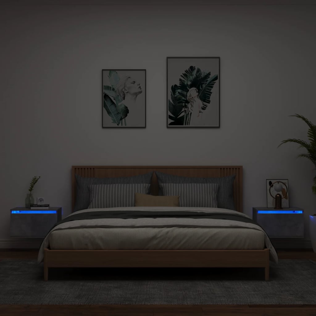 vidaXL Wand-Nachttische mit LED-Leuchten 2 Stk. Betongrau