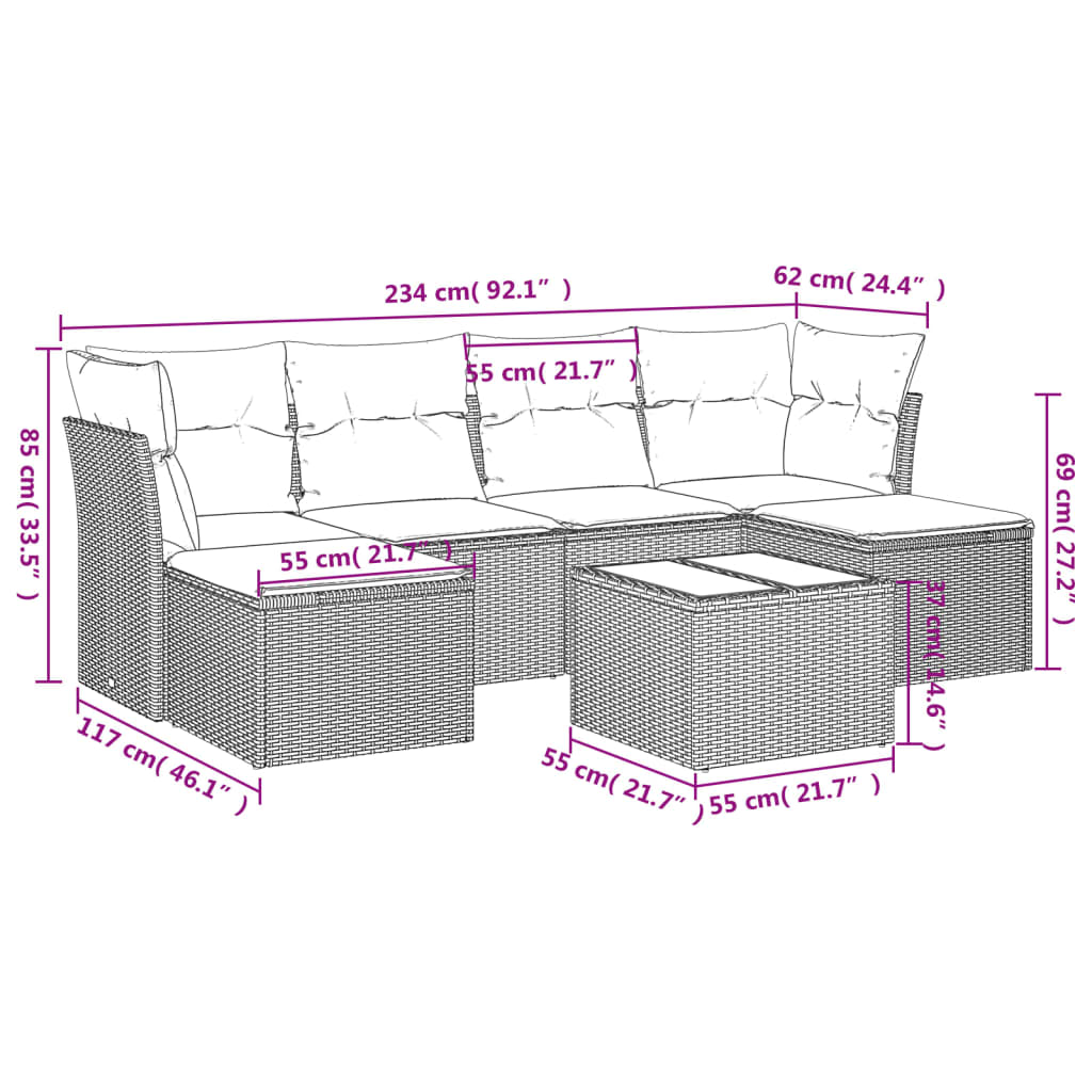 vidaXL 7-tlg. Garten-Sofagarnitur mit Kissen Grau Poly Rattan