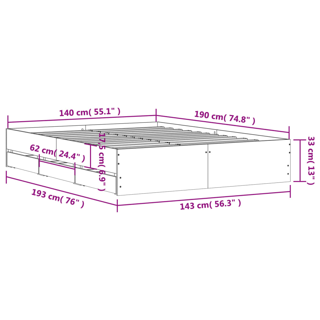 vidaXL Bettgestell mit Schubladen Grau Sonoma 140x190 cm Holzwerkstoff