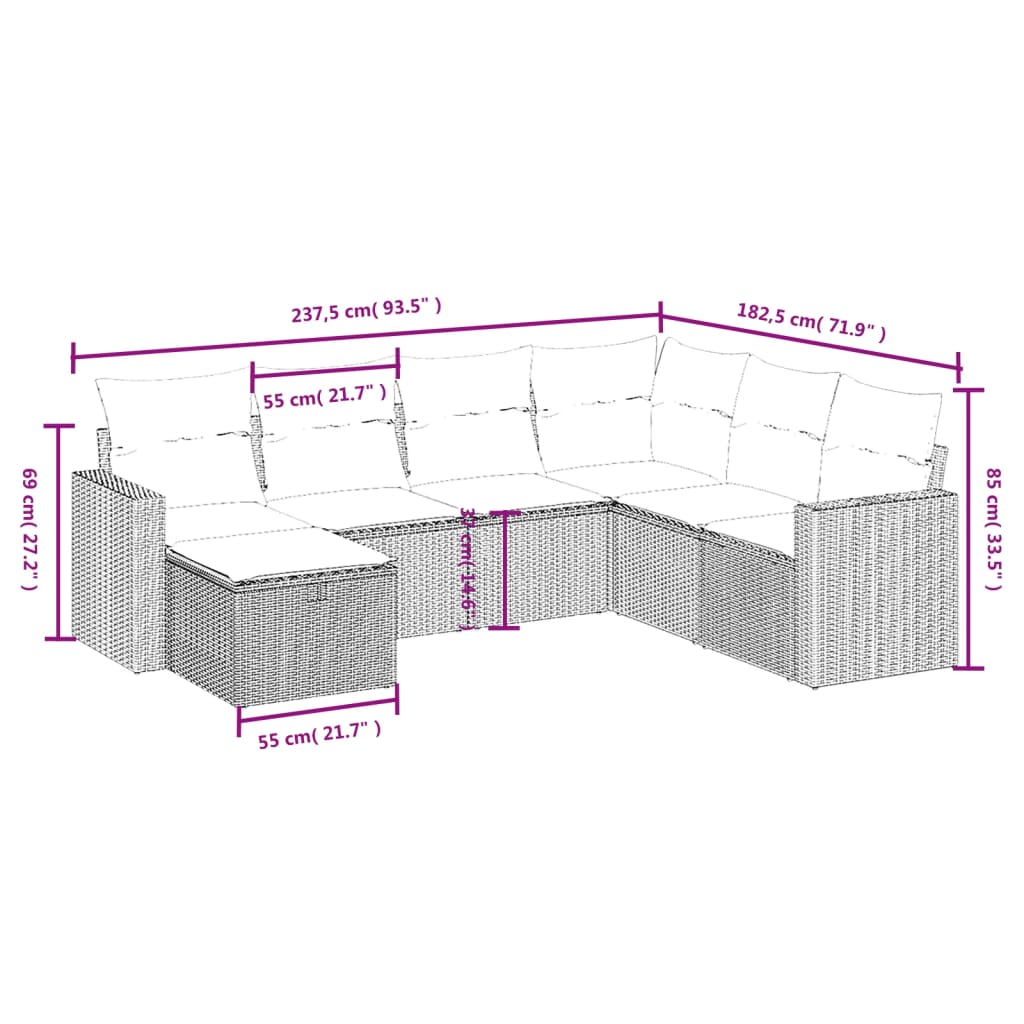 vidaXL 7-tlg. Garten-Sofagarnitur mit Kissen Beige Poly Rattan