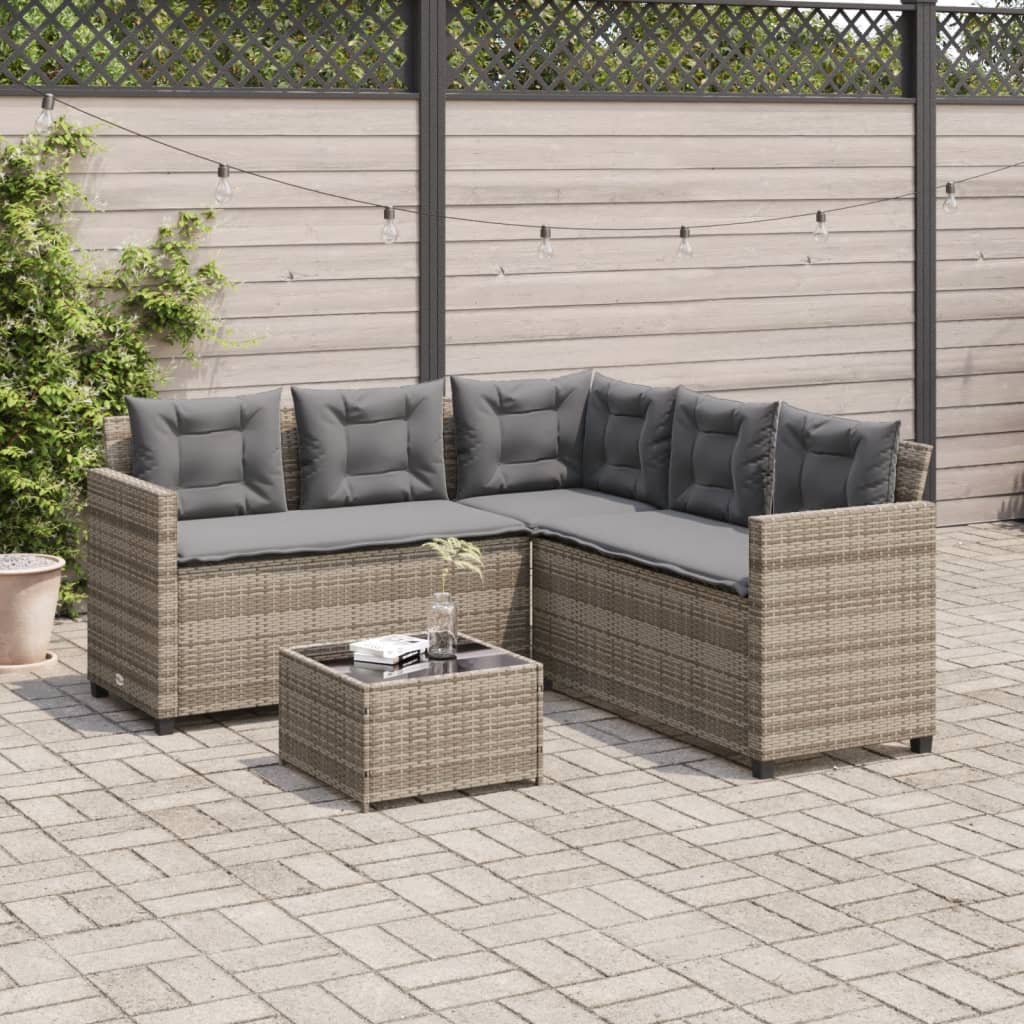 vidaXL Gartensofa in L-Form mit Tisch und Kissen Grau Poly Rattan