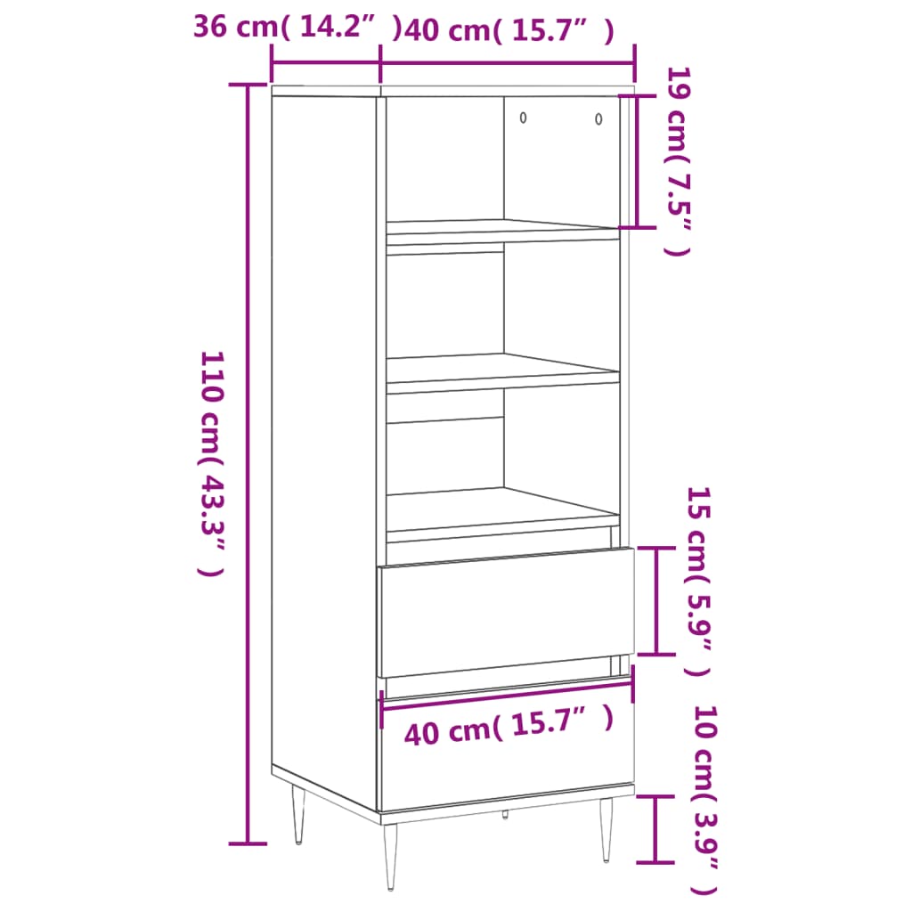 vidaXL Highboard Hochglanz-Weiß 40x36x110 cm Holzwerkstoff