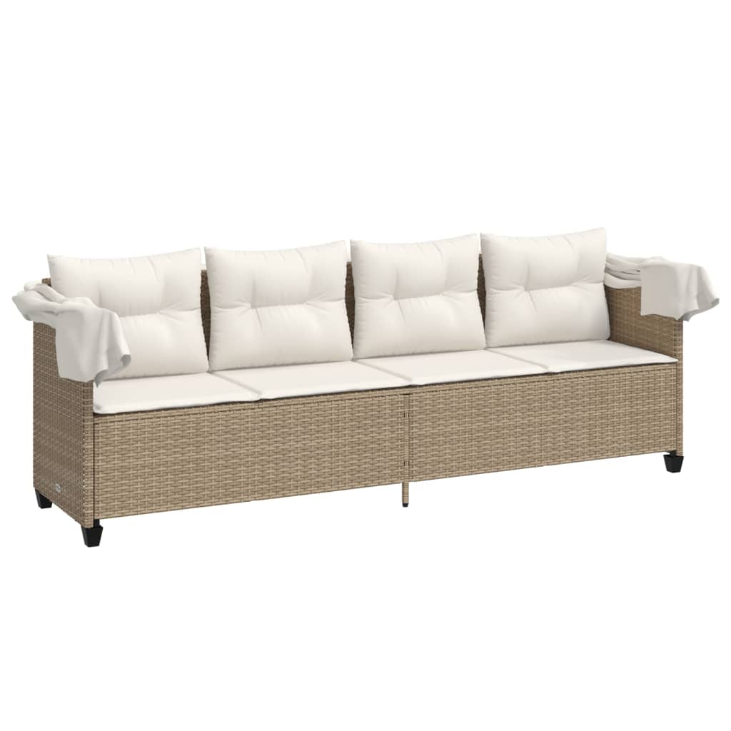 vidaXL Sonnenliege mit Dach und Kissen Beige Poly Rattan