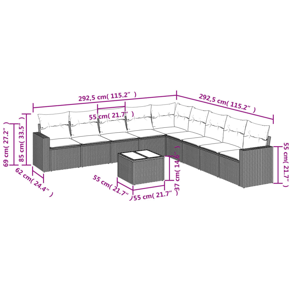 vidaXL 10-tlg. Garten-Sofagarnitur mit Kissen Schwarz Poly Rattan