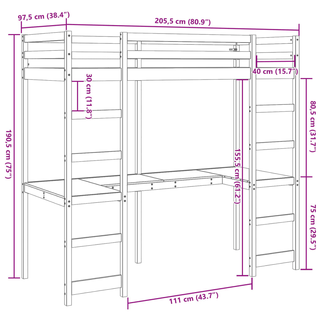 vidaXL Hochbett mit Schreibtisch 90x200 cm Massivholz Kiefer