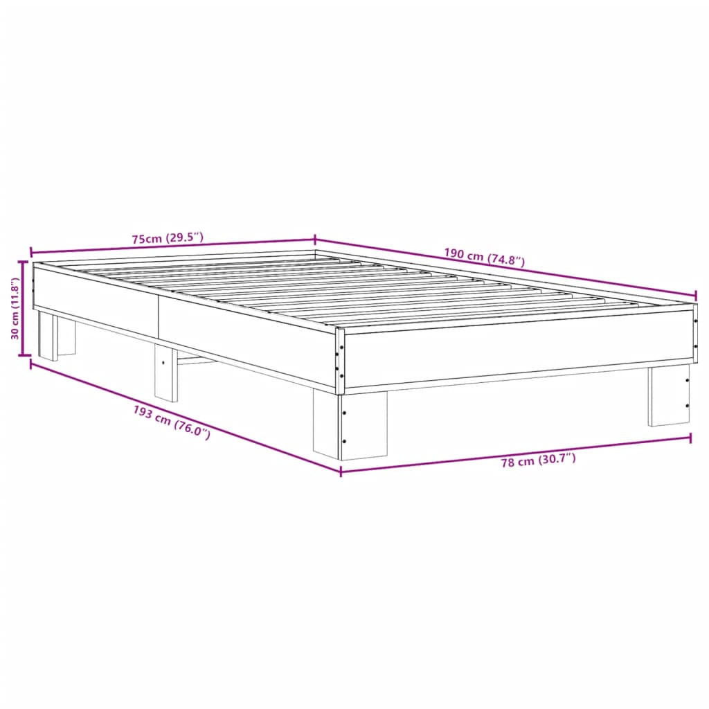 vidaXL Bettgestell Räuchereiche 75x190 cm Holzwerkstoff und Metall