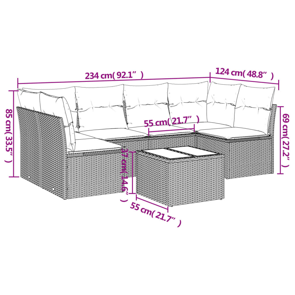 vidaXL 7-tlg. Garten-Sofagarnitur mit Kissen Beige Poly Rattan