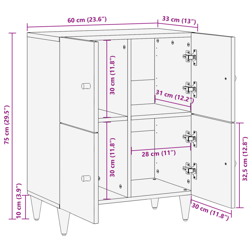 vidaXL Beistellschrank 60x33x75 cm Massivholz Mango