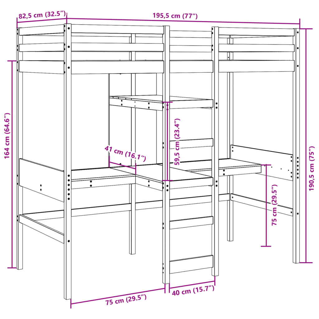 vidaXL Hochbett ohne Matratze 75x190 cm Massivholz Kiefer