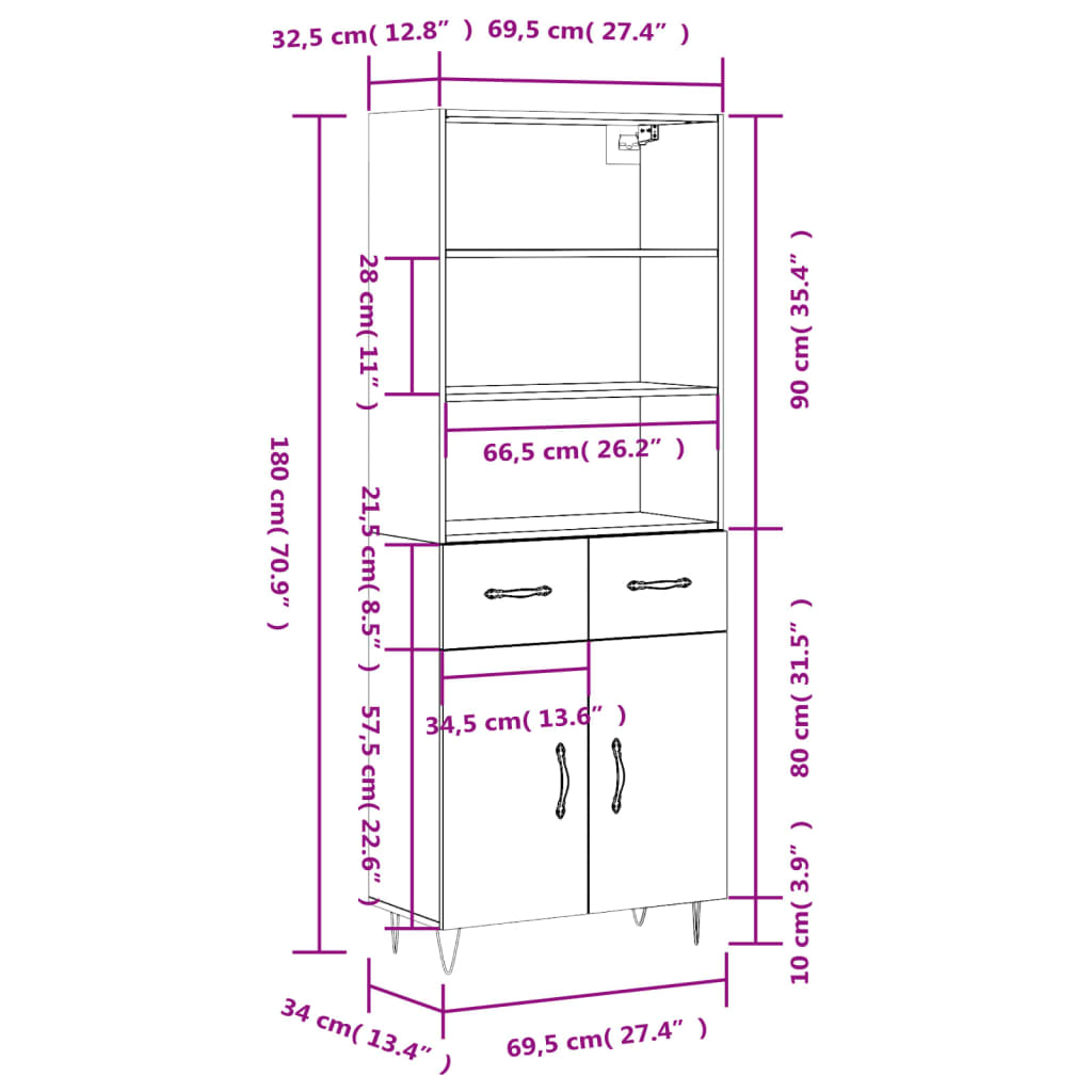 vidaXL Highboard Weiß 69,5x34x180 cm Holzwerkstoff