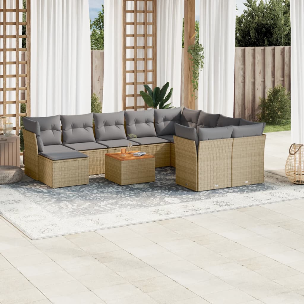 vidaXL 11-tlg. Garten-Sofagarnitur mit Kissen Beige Poly Rattan