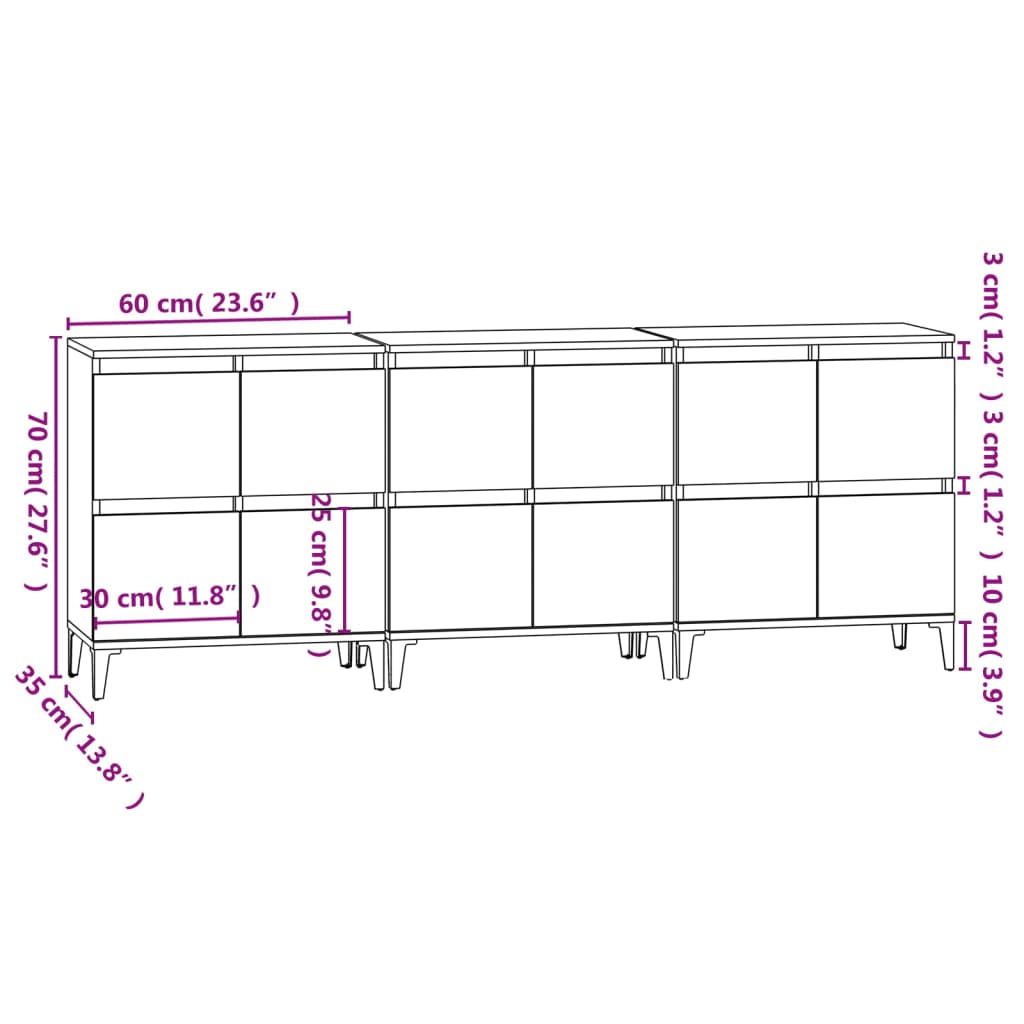 vidaXL Sideboards 3 Stk. Grau Sonoma 60x35x70 cm Holzwerkstoff