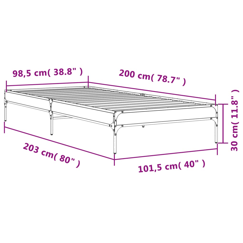 vidaXL Bettgestell Grau Sonoma 100x200 cm Holzwerkstoff und Metall