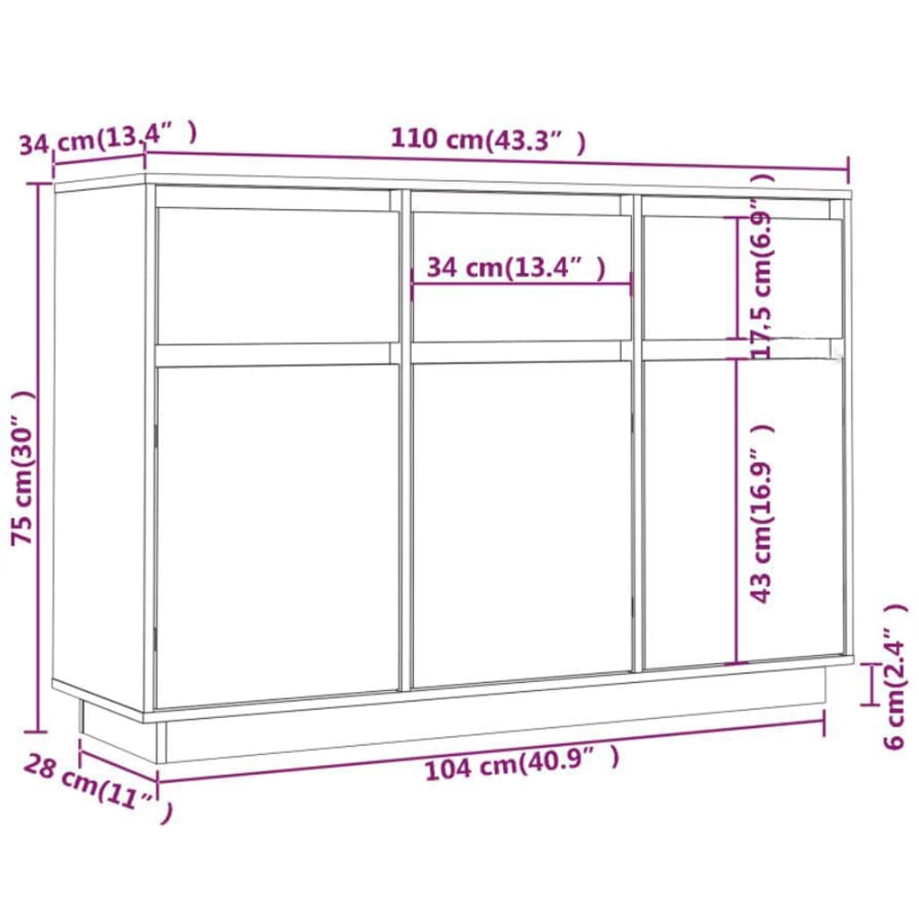 vidaXL Sideboard Schwarz 110x34x75 cm Massivholz Kiefer