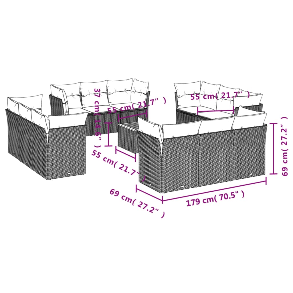 vidaXL 13-tlg. Garten-Sofagarnitur mit Kissen Beige Poly Rattan