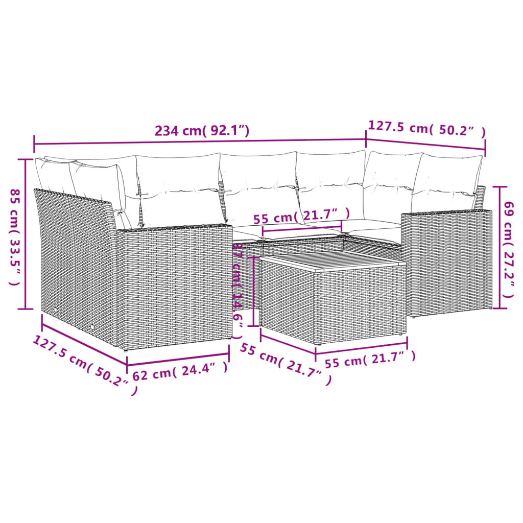 vidaXL 7-tlg. Garten-Sofagarnitur mit Kissen Schwarz Poly Rattan