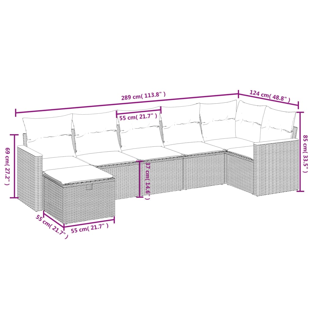 vidaXL 7-tlg. Garten-Sofagarnitur mit Kissen Schwarz Poly Rattan