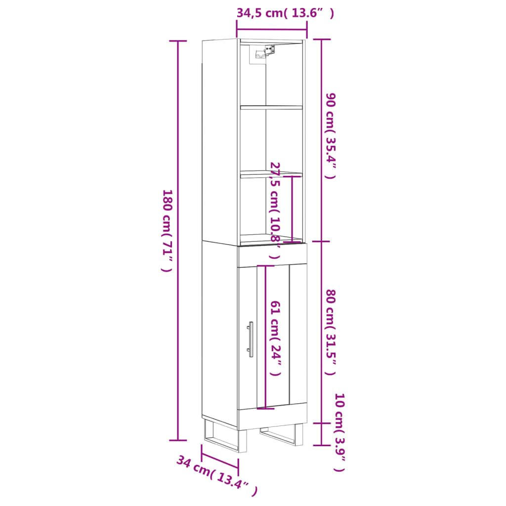 vidaXL Highboard Weiß 34,5x34x180 cm Holzwerkstoff