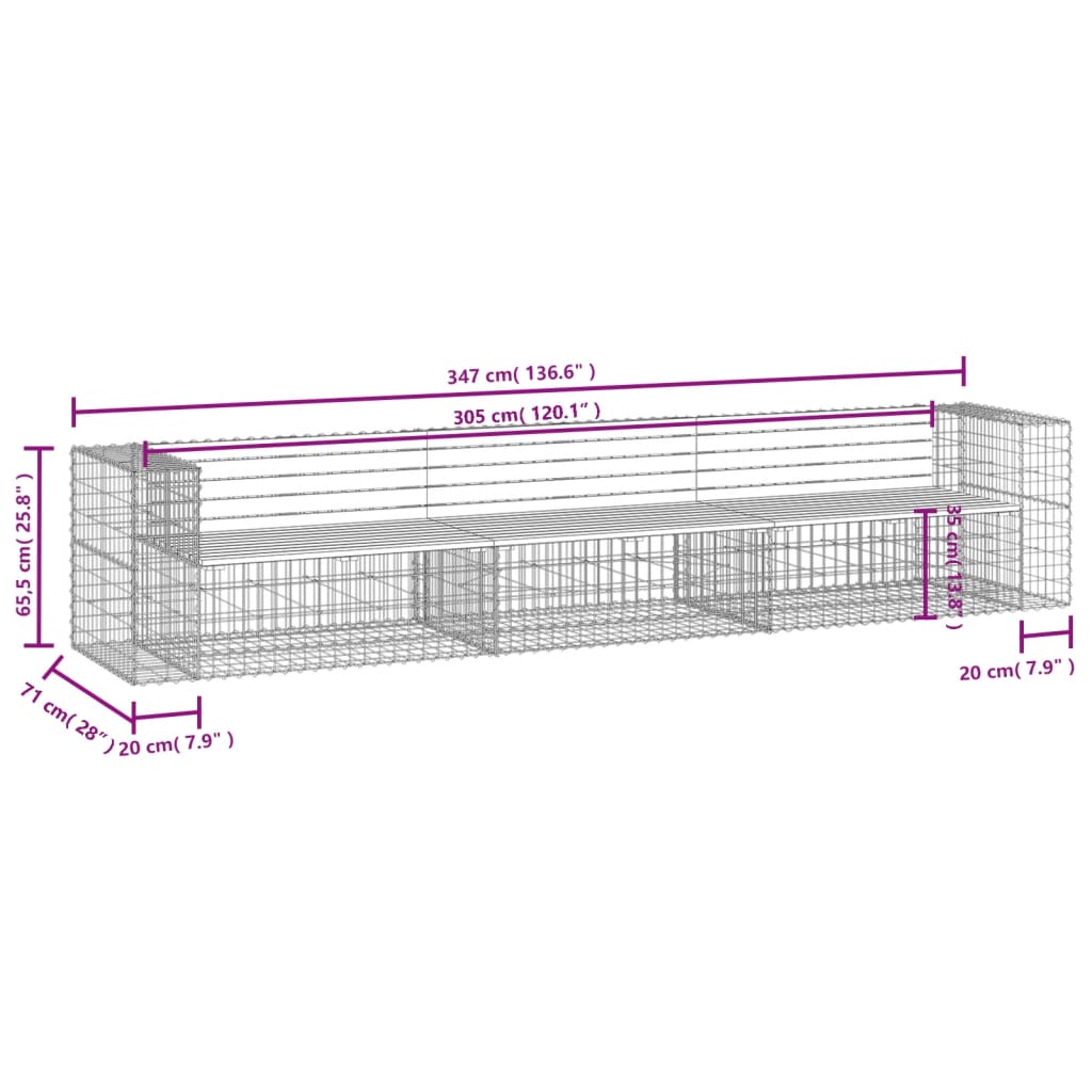 vidaXL Gartenbank aus Gabionen 347x71x65,5 cm Massivholz Kiefer