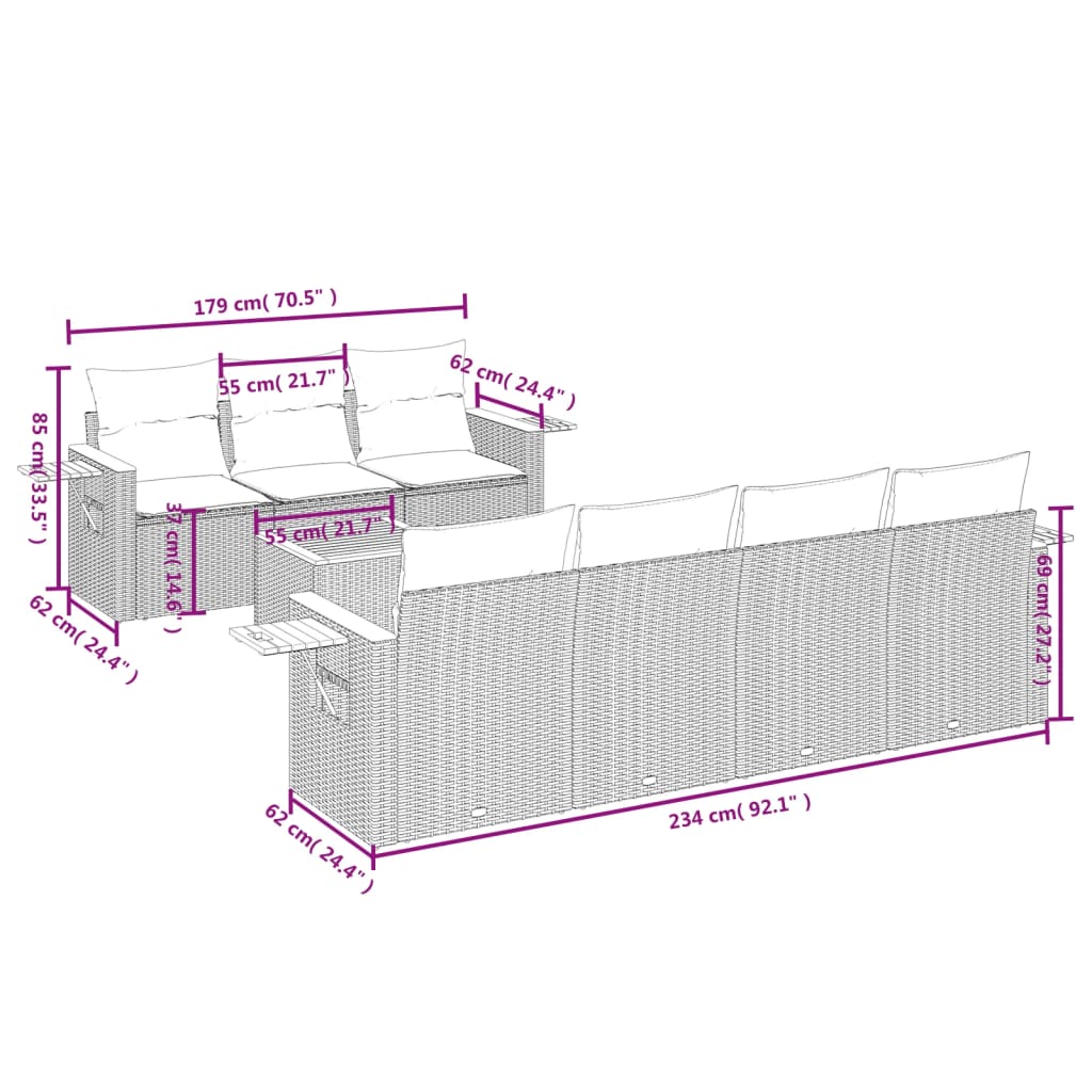 vidaXL 8-tlg. Garten-Sofagarnitur mit Kissen Grau Poly Rattan