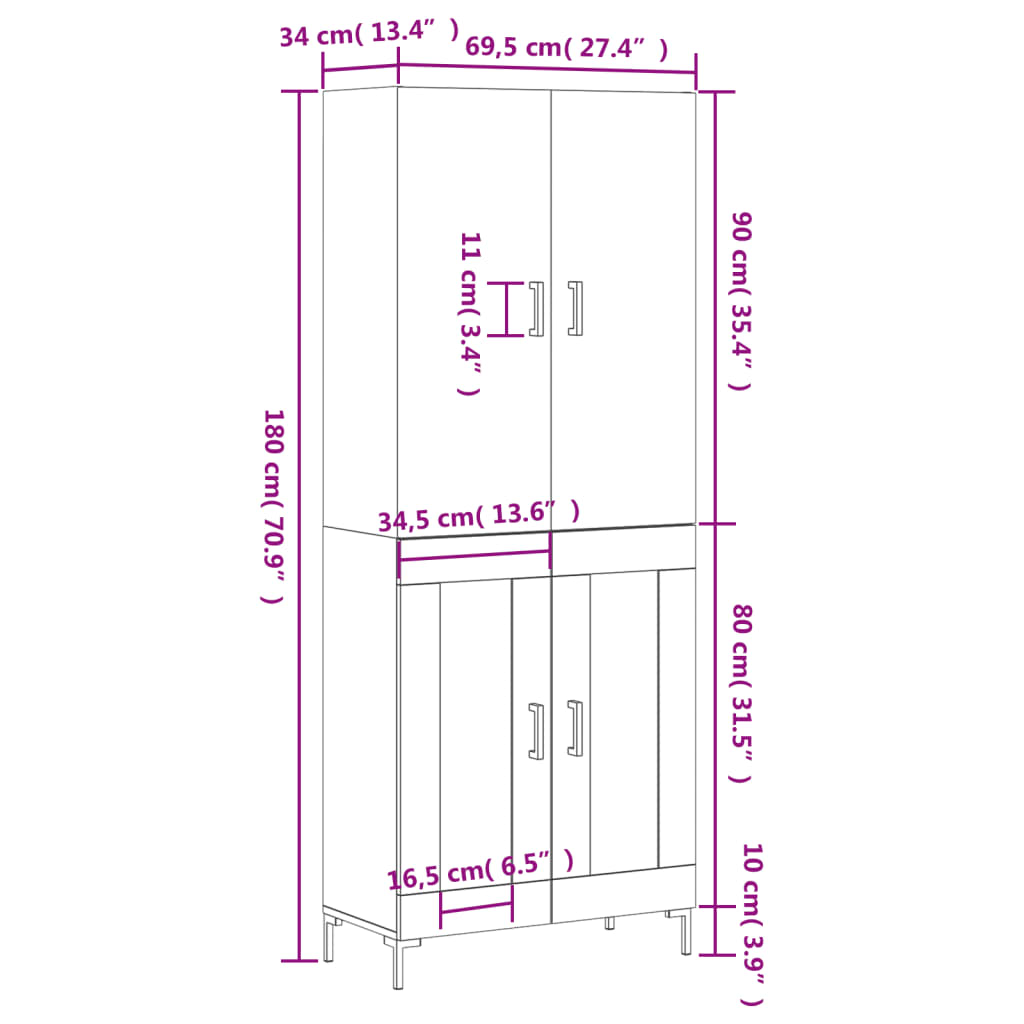 vidaXL Highboard Grau Sonoma 69,5x34x180 cm Holzwerkstoff