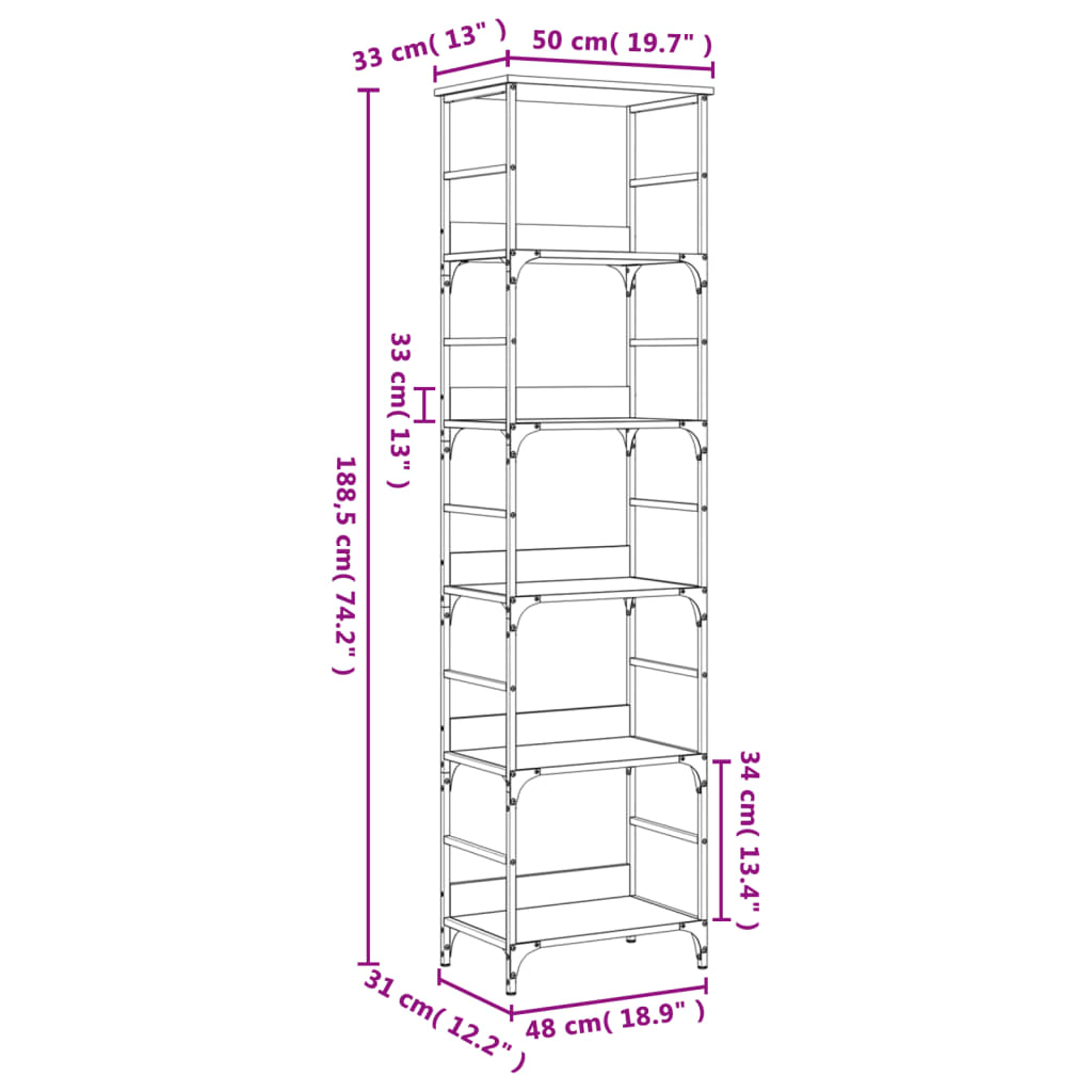 vidaXL Bücherregal Sonoma-Eiche 50x33x188,5 cm Holzwerkstoff