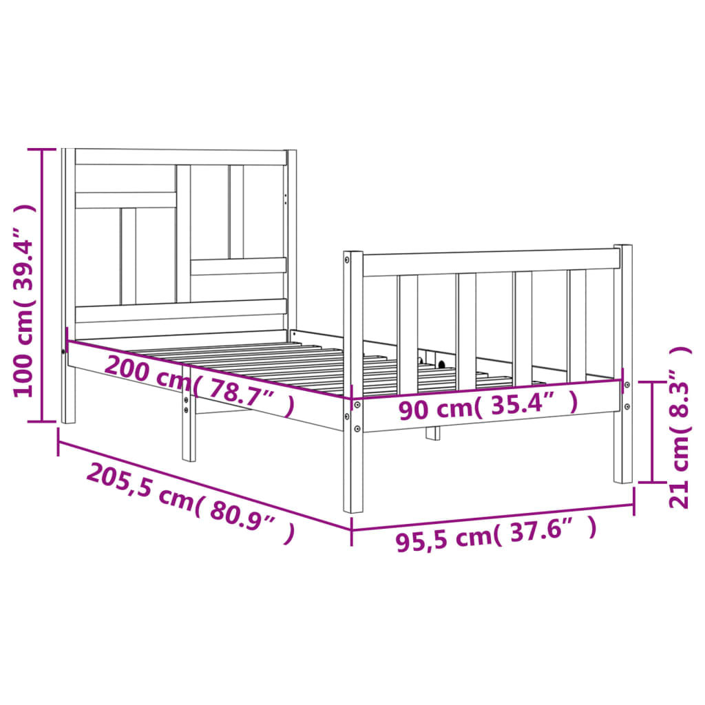 vidaXL Massivholzbett mit Kopfteil 90x200 cm