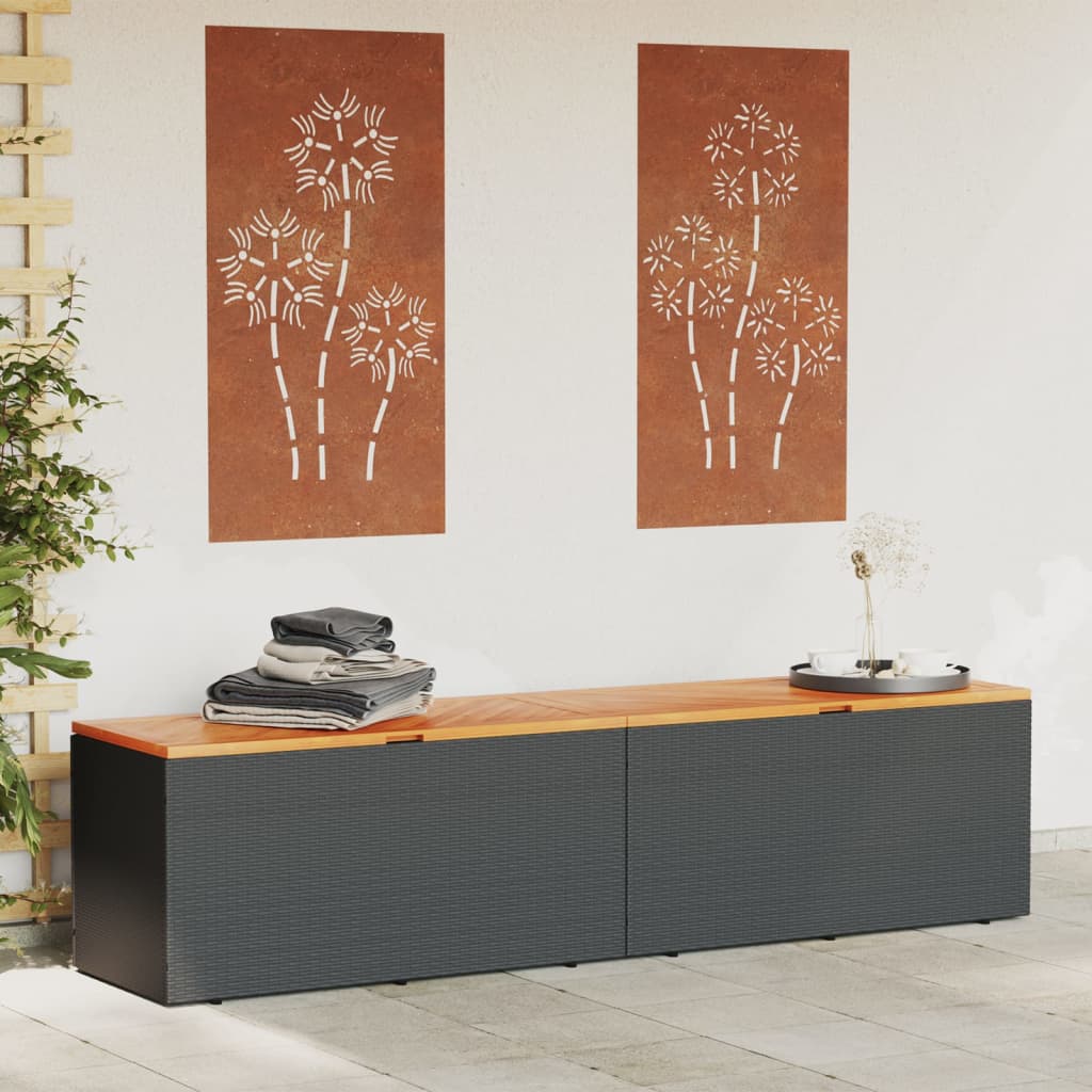 vidaXL Gartentruhe Schwarz 220x50x54 cm Poly Rattan Akazienholz