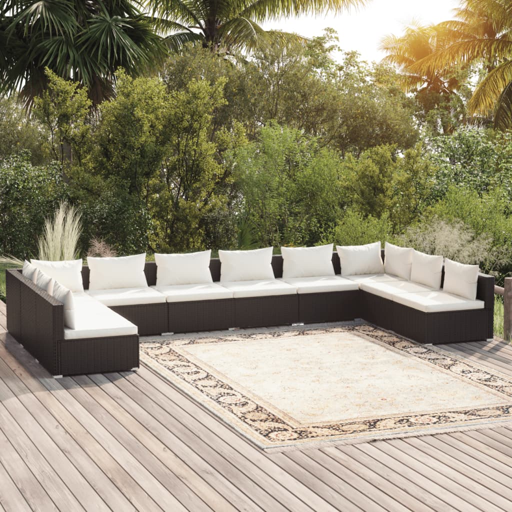 vidaXL 10-tlg. Garten-Lounge-Set mit Kissen Poly Rattan Schwarz