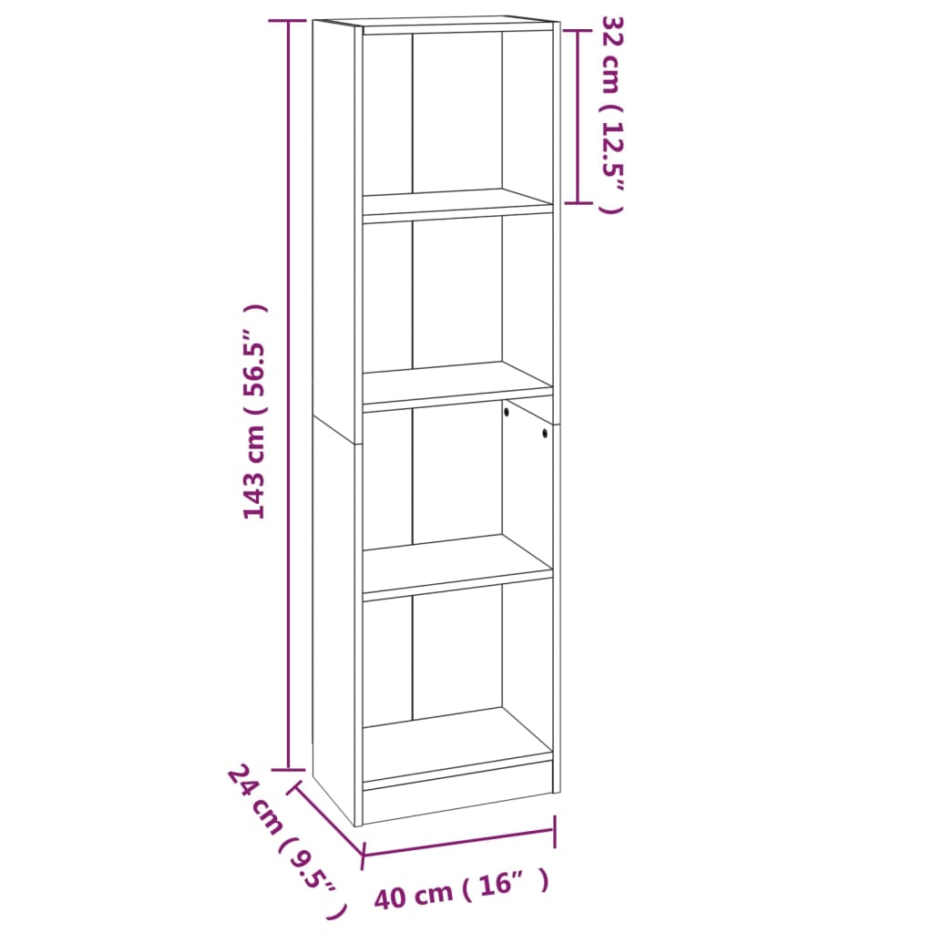 vidaXL Bücherregal 4 Fächer Grau Sonoma 40x24x143 cm Holzwerkstoff