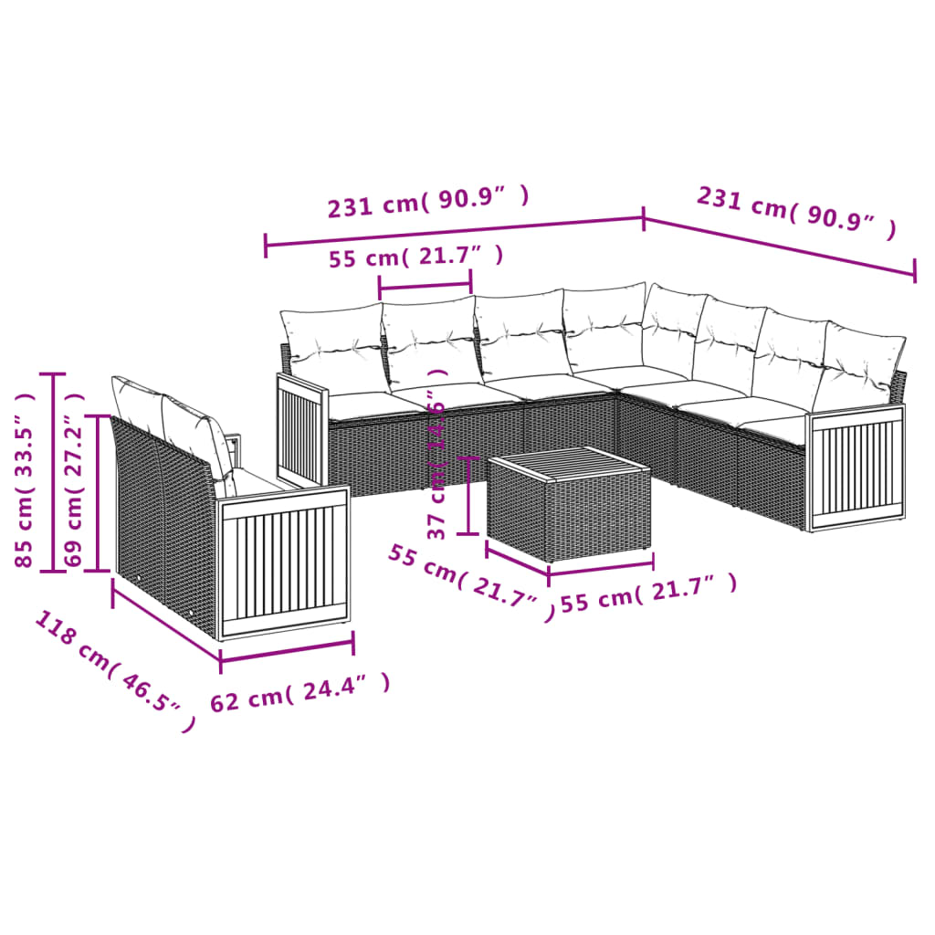 vidaXL 10-tlg. Garten-Sofagarnitur mit Kissen Schwarz Poly Rattan